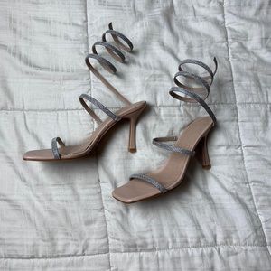 Silver sparkly wrap around ankle short heels